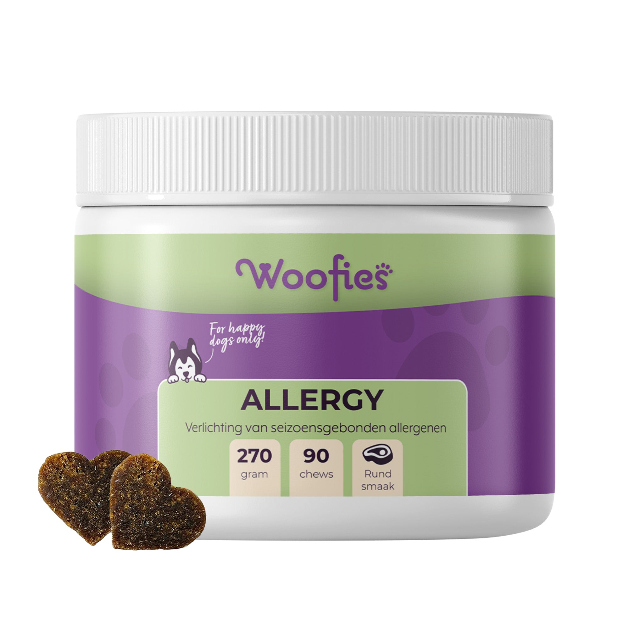 Woofies Allergy Support Hondensnoepjes verpakking, natuurlijke ingrediënten voor allergie en jeukverlichting.