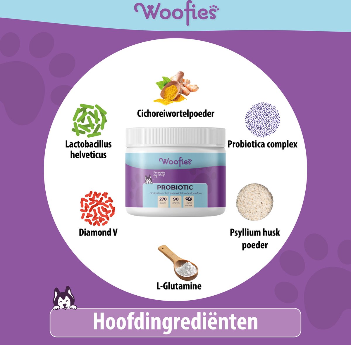 Verpakking van Woofies Probiotica Supplement voor honden met natuurlijke ingrediënten.
