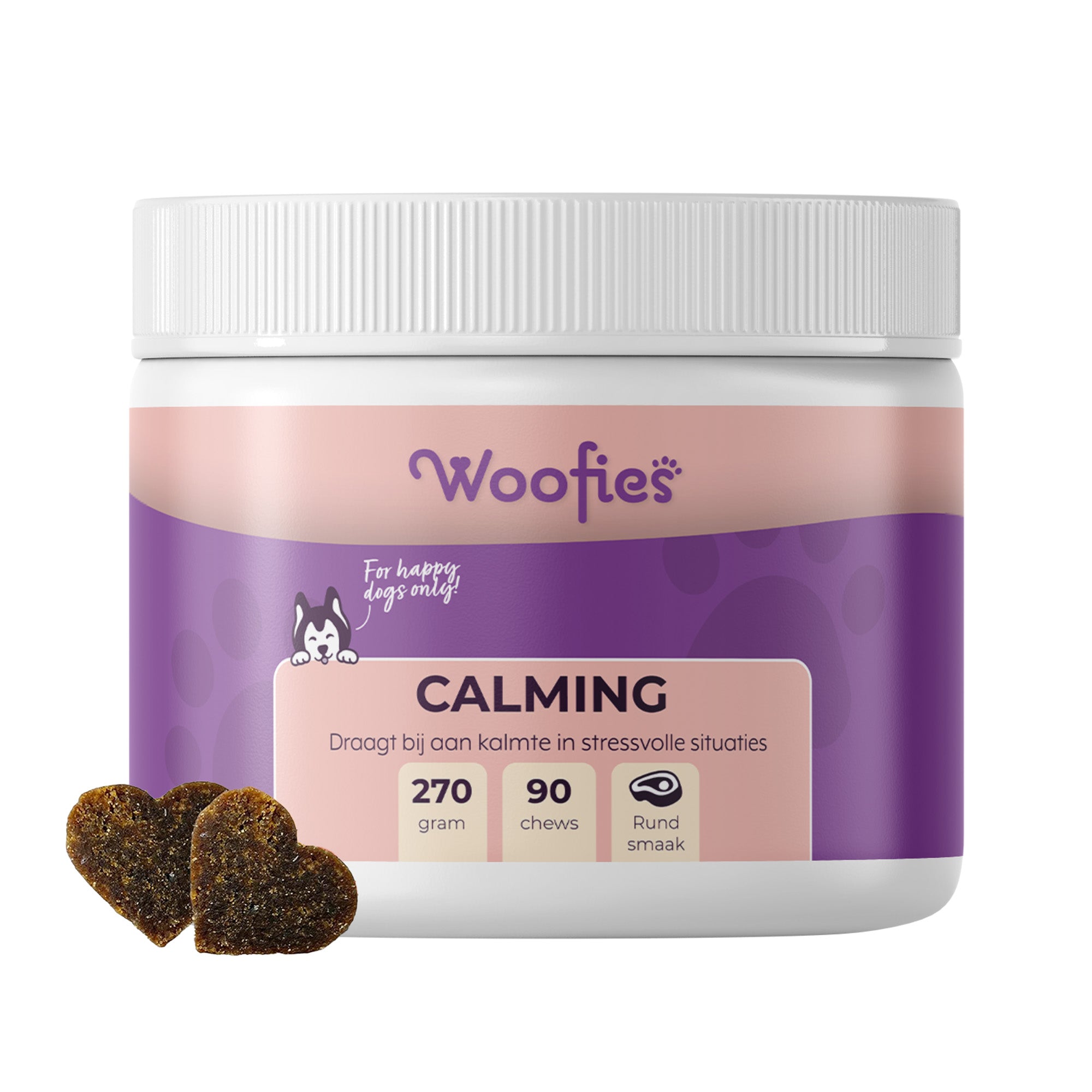 Woofies Calming Hondensnoepjes in verpakking voor stressverlichting en rust.
