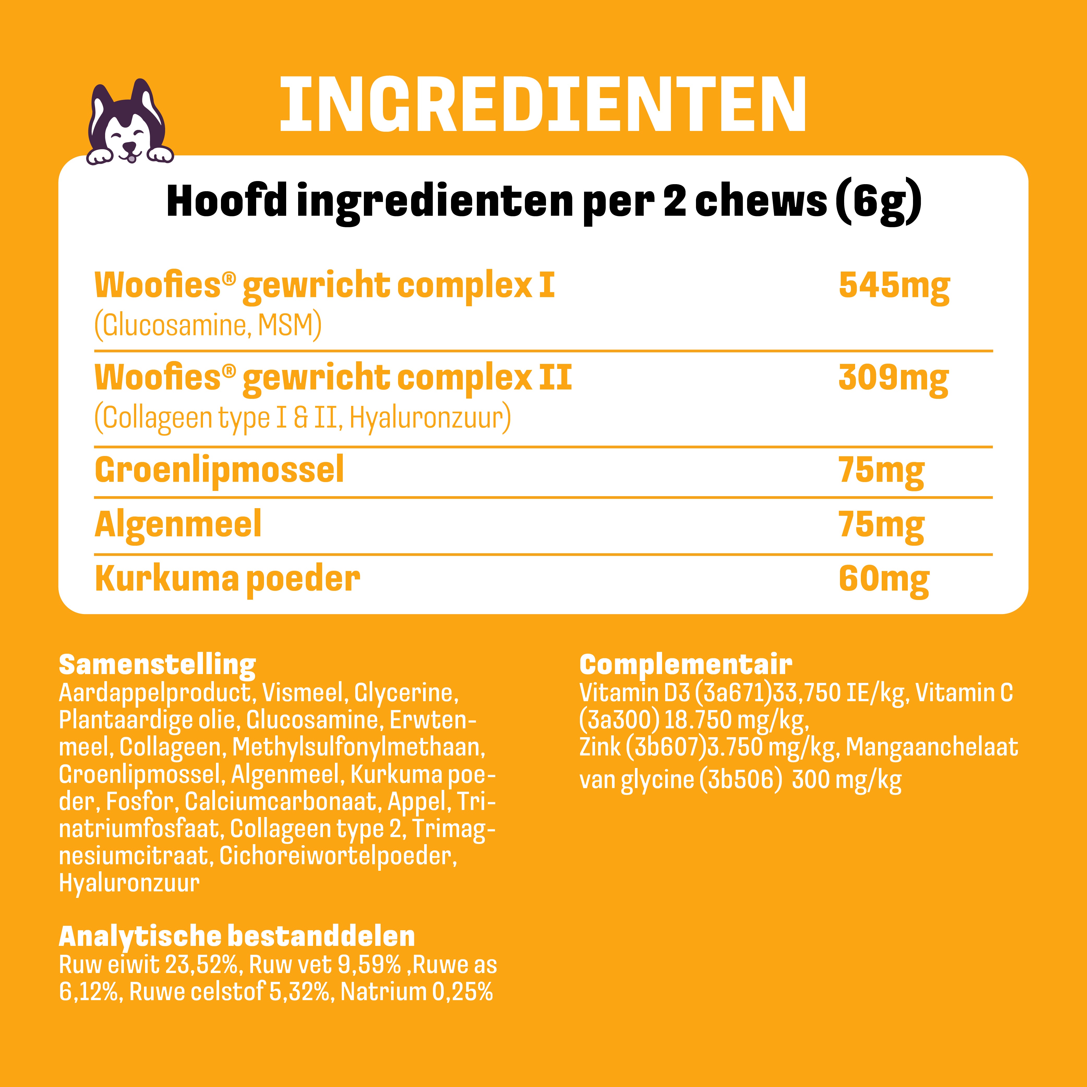 Detail van de natuurlijke ingrediënten in Woofies Hip & Joint Chews.