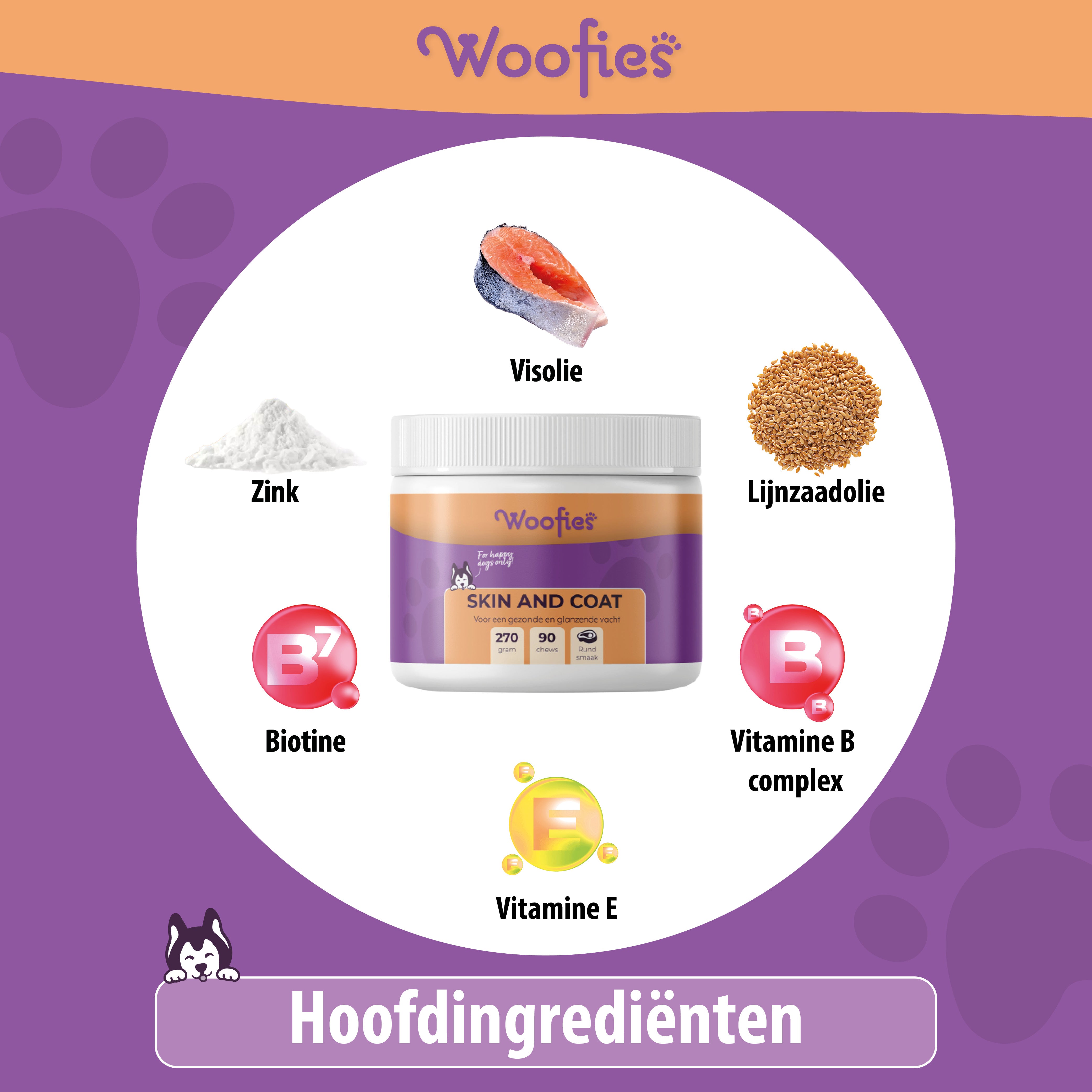 "Detail van natuurlijke ingrediënten in Woofies Skin & Coat formule."