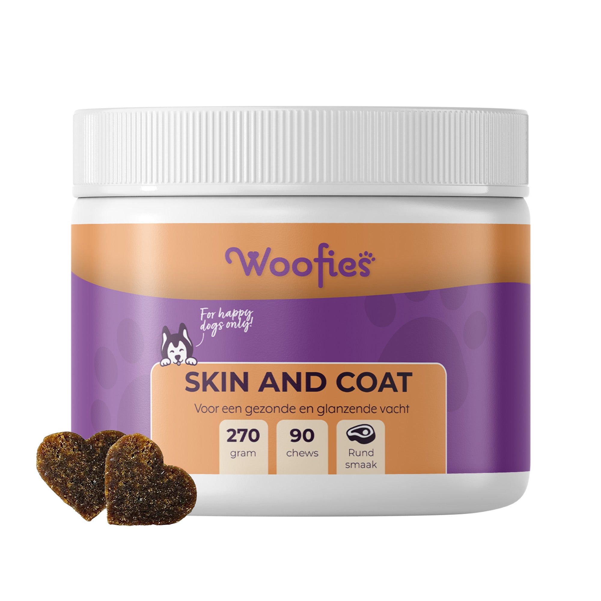 "Woofies Skin & Coat Supplement Chews voor gezonde huid en glanzende vacht."